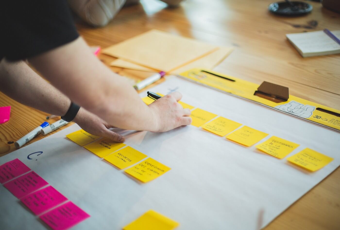 Man's hands working on a project with post-it