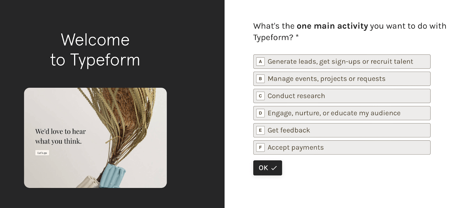 Example of a Typeform page and question with multiple answers